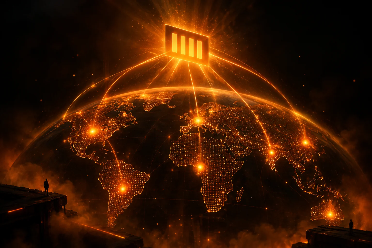 Glowing world map with several country hubs feeding into one luminous comparison panel