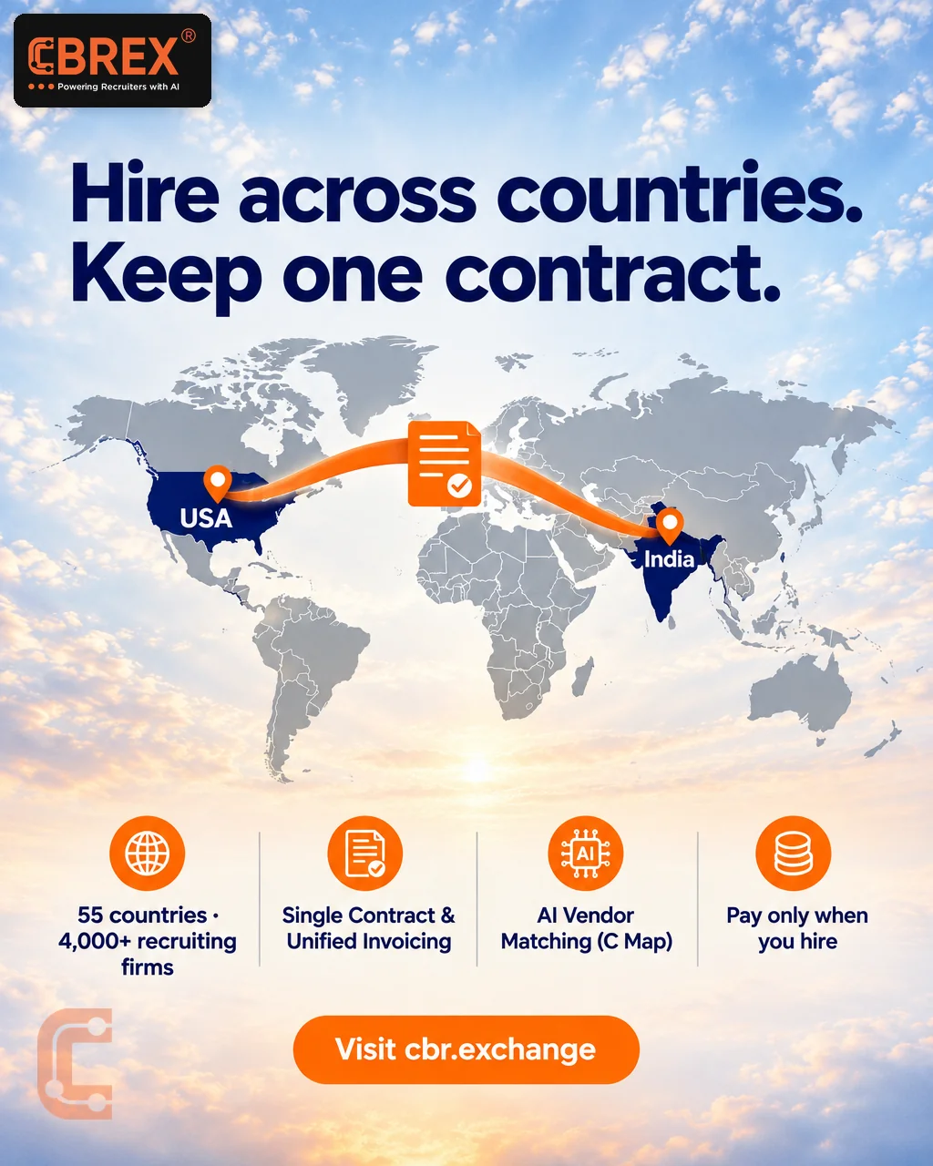 Existing CBREX LinkedIn graphic: Hire across countries. Keep one contract. Shows a world map connecting India and the USA