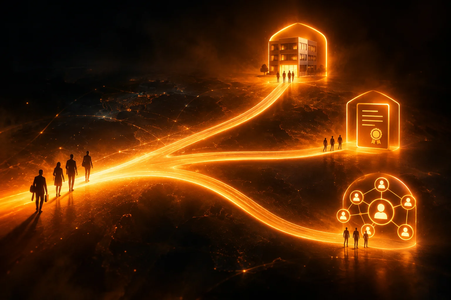 Three glowing diverging paths representing entity, employer of record and agency routes for an overseas hire