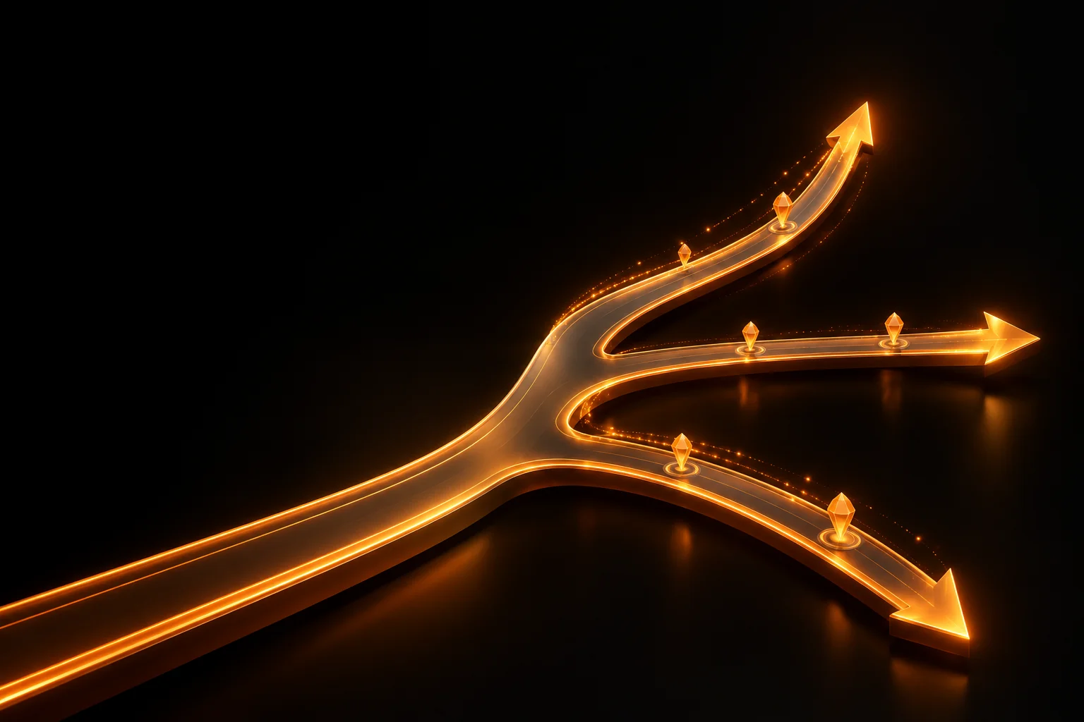 Three glowing scenario paths for 2027 labelled base, upside and downside as diverging light trails