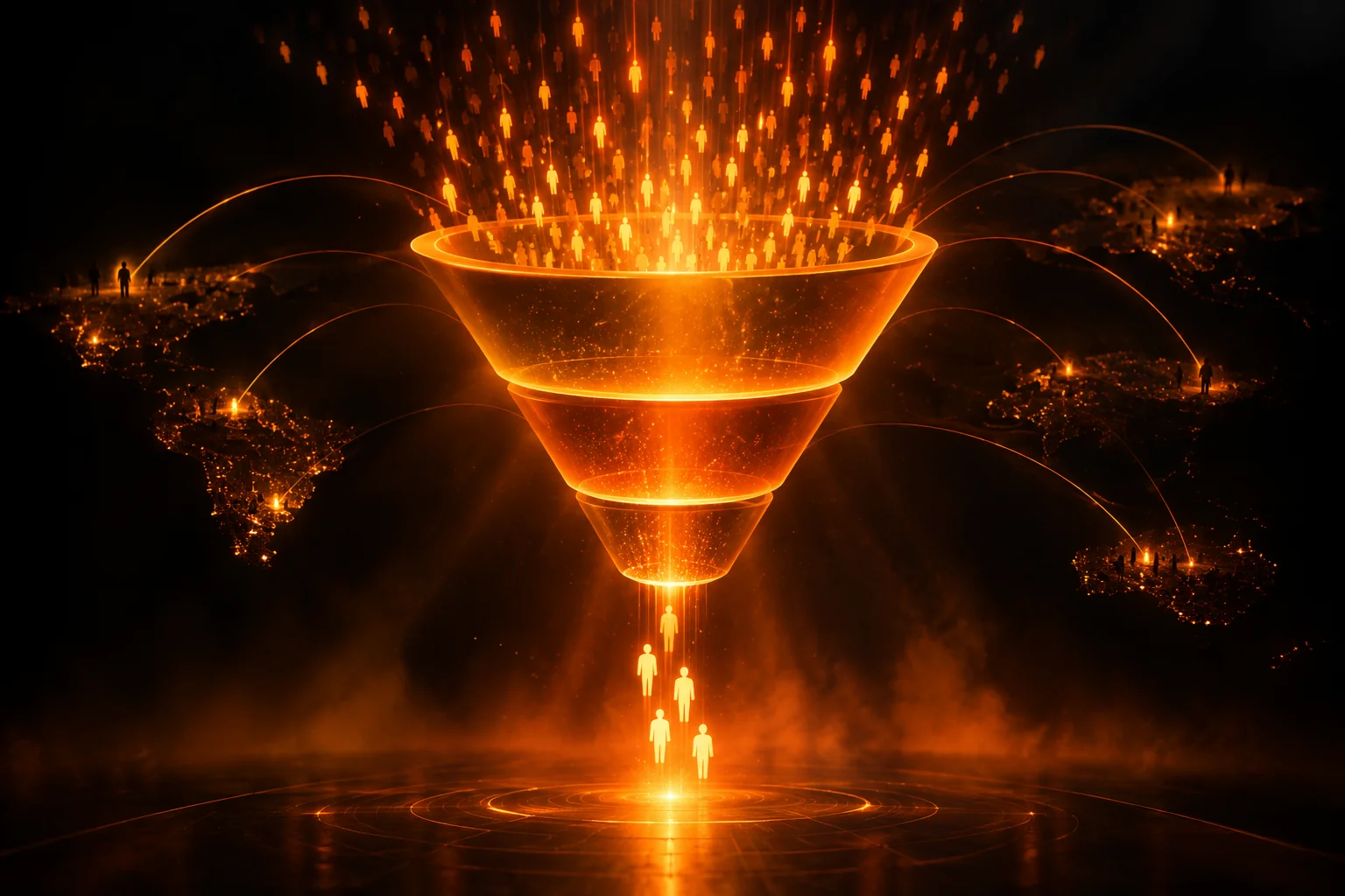 Three-stage screening funnel narrowing many candidate profiles to a few ranked finalists