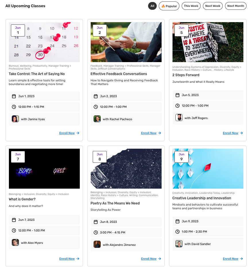 The Electives Membership dashboard. Each month, members can browse and select the classes they want to join.