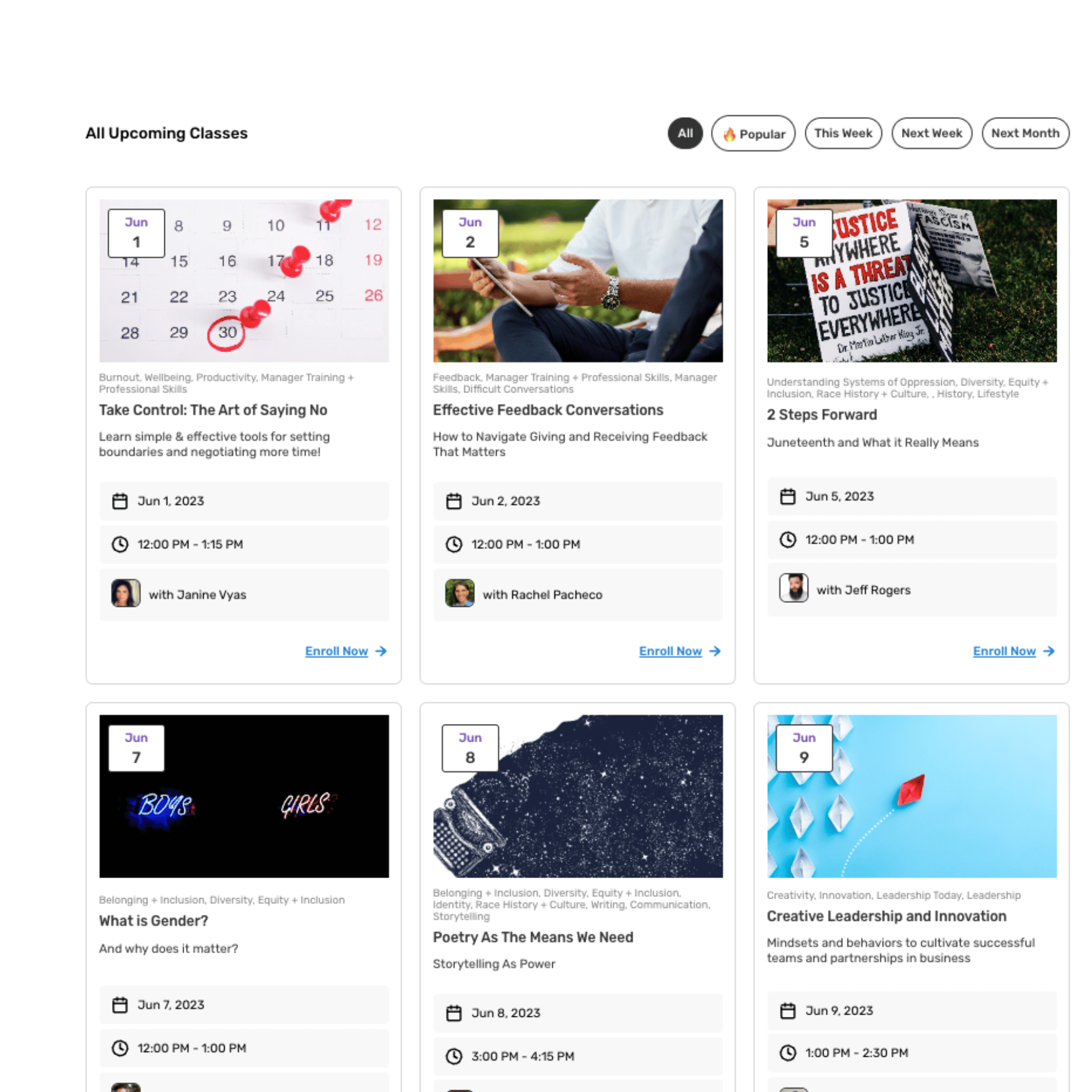 The Electives Membership dashboard. Each month, members can browse and select the classes they want to join.
