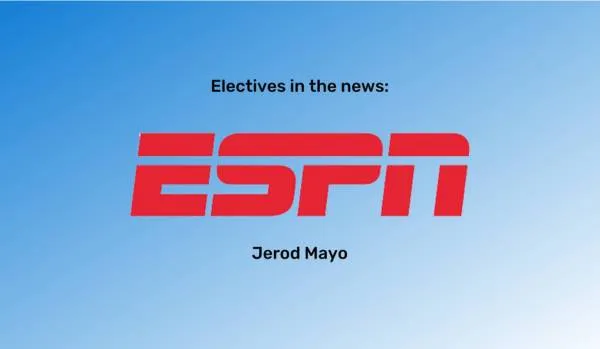 "Electives in the news" at the top in black font and "Jerod Mayo" at the bottom in black font. The ESPN logo is between them. The background is a blue gradient.