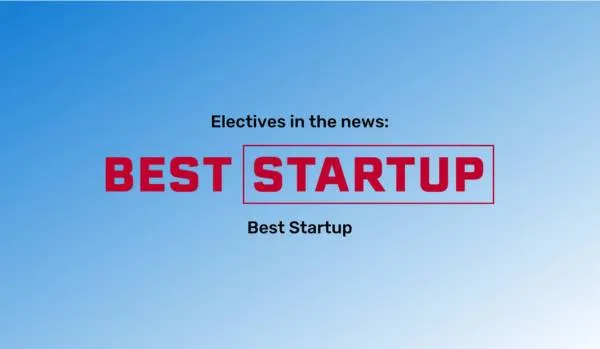 "Electives in the news" at the top in black font and "Best Startup" at the bottom in black font. The Best Startup logo is between them. The background is a blue gradient.