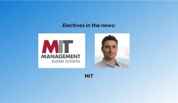 "Electives in the news" at the top in black font and "MIT" at the bottom in black font. The MIT logo and a photo of Krikor is between them. The background is a blue gradient.