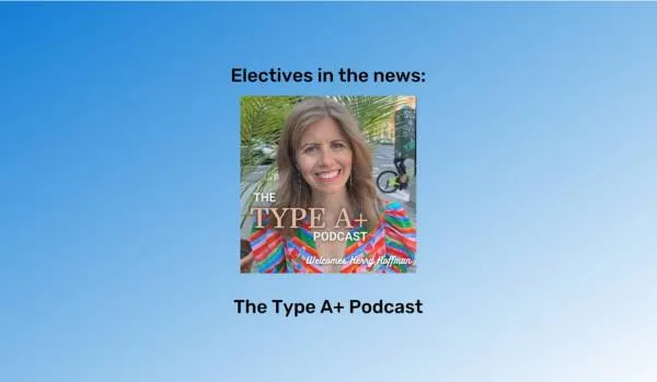 "Electives in the news" at the top in black font and "Kerry Anne Hoffman" at the bottom in black font. An image of Kerry Anne Hoffman is between them. The background is a blue gradient.