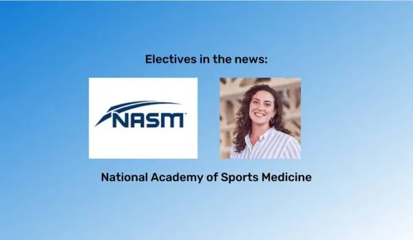 "Electives in the news" at the top in black font and "Darlene Marshall" at the bottom in black font. An image of Darlene Marshall and the NASM logo is between them. The background is a blue gradient.