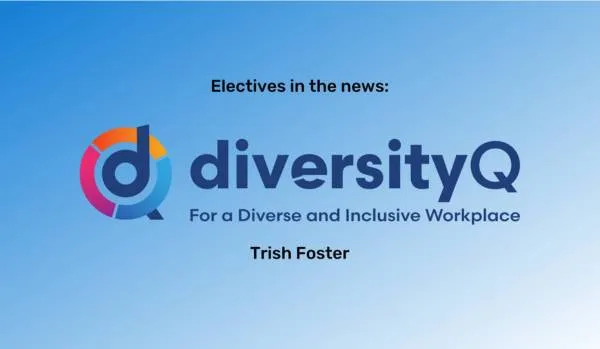 A blue gradient background with the Diversity Q logo in the center and Trish Foster's name in black bold text underneath.