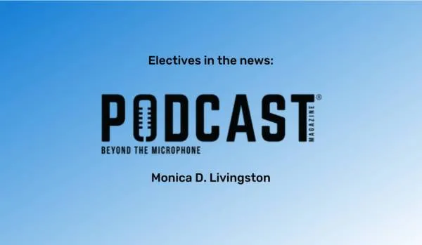 A blue gradient background with the words "Podcast" in the middle in black text. The words "Monica D. Livingston" are in black text underneath.