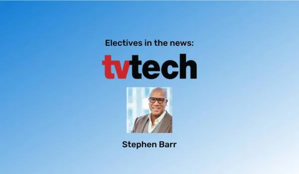 A blue gradient background with a picture of Stephen Barr in the middle. Above his picture, is the TvTech logo.