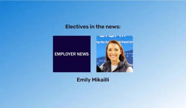 A blue gradient background with the Employer News logo in the center and Emily Mikailli's picture next to it on the right.