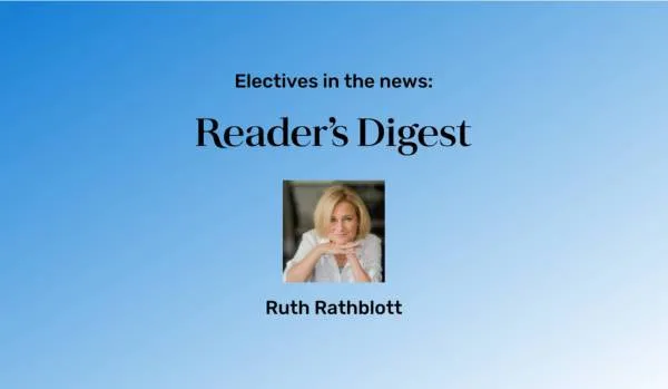 A blue gradient background with Ruth Rathblott's picture in the middle and the Reader's Digest logo above her picture.