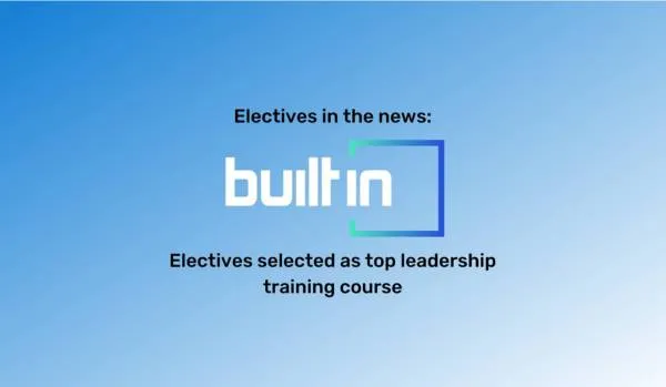 Electives in the news" at the top in black font. The Built In logo is beneath it. The background is a blue gradient.