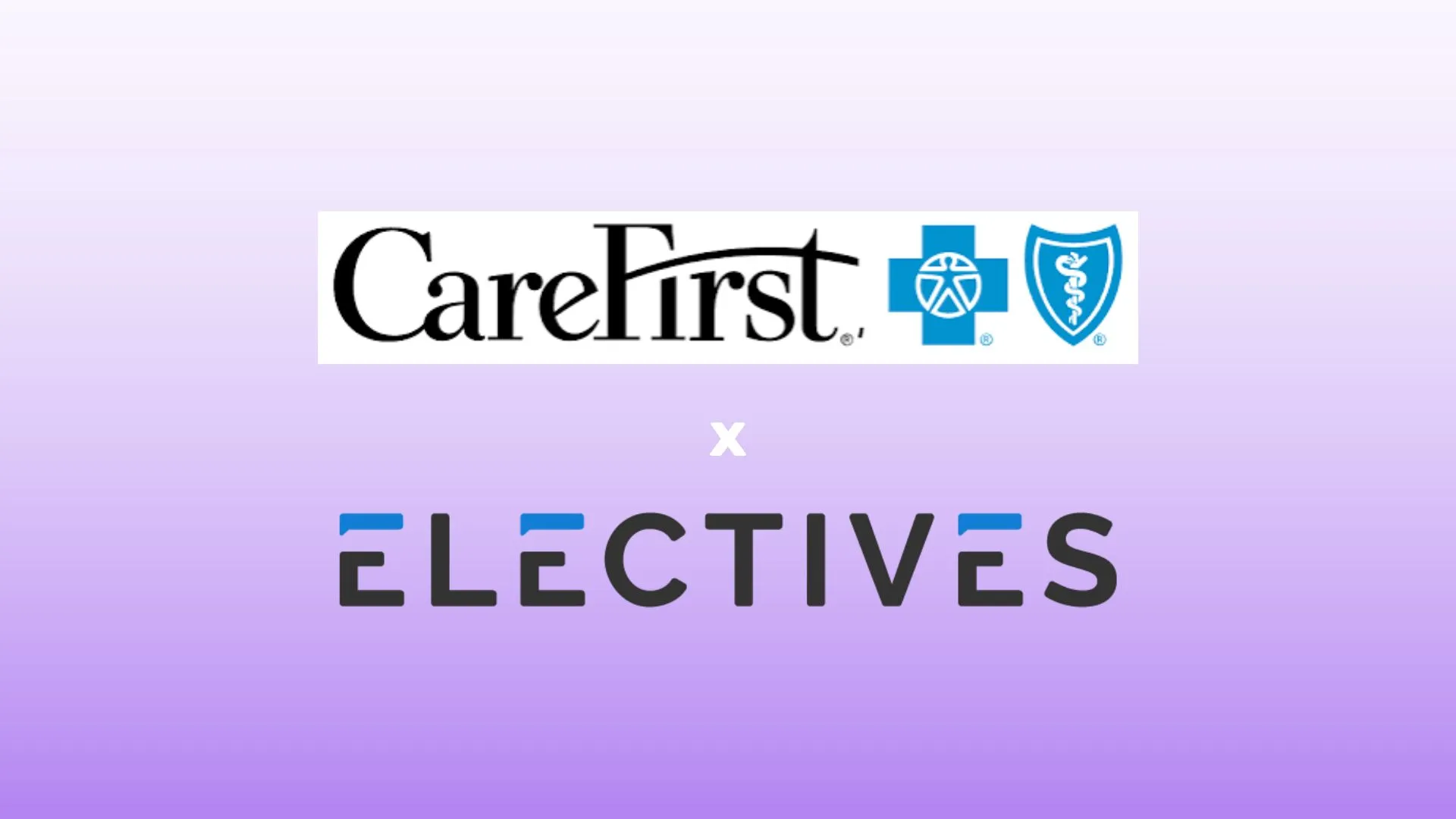 A purple gradient rectangle. The CareFirst logo is centered over the Electives logo with an "x" in between.
