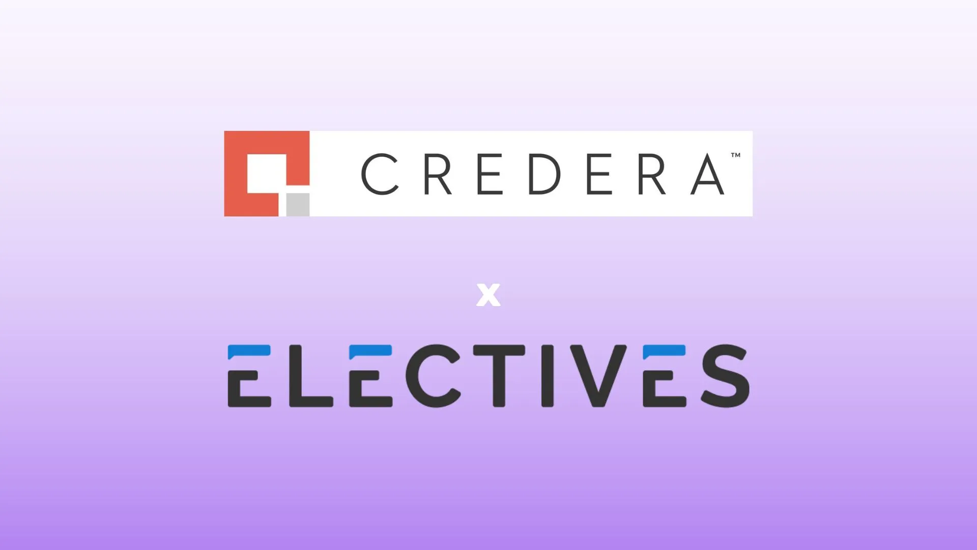 A purple gradient rectangle. The Credera logo is centered over the Electives logo with an "x" in between.