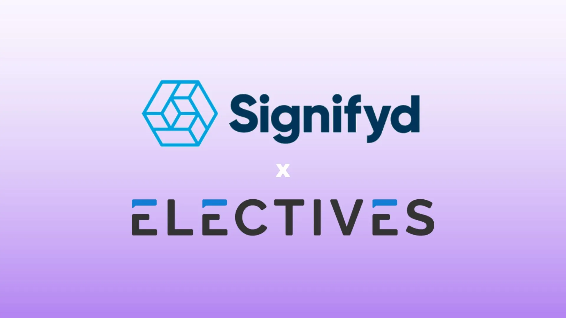 A purple gradient rectangle. The Signifyd logo is centered over the Electives logo with an "x" in between.