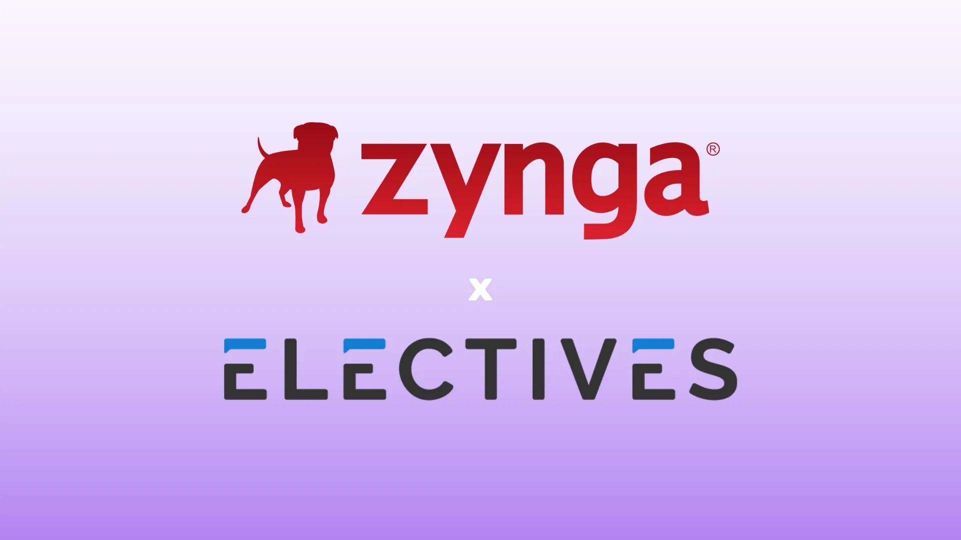 A purple gradient rectangle. The Zynga logo is centered over the Electives logo with an "x" in between.