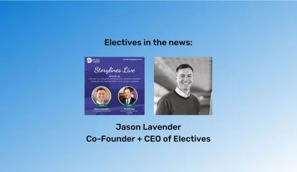 "Electives in the news" at the top in black font. The podcast show art and Jason's headshot are beneath it. The background is a blue gradient.