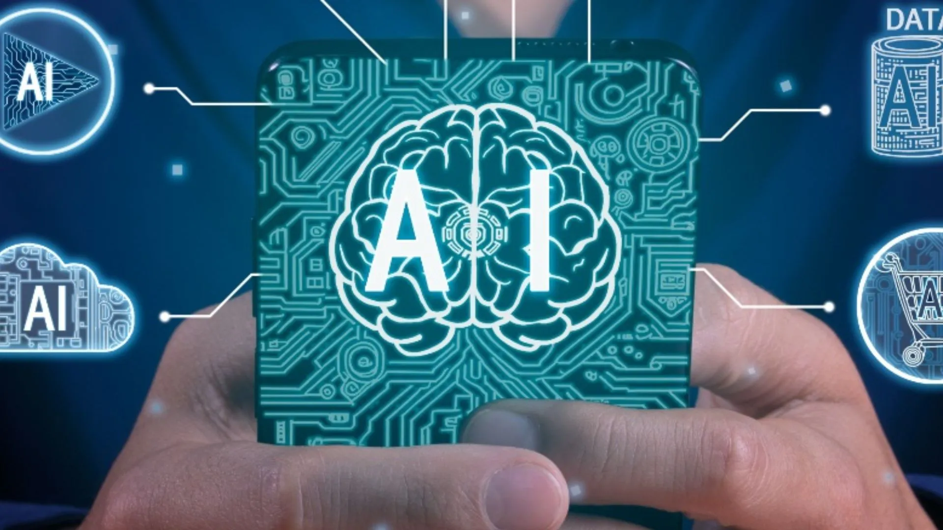Person holding a digital representation of AI training, with a brain symbol at the center surrounded by icons for AI, data, and technology integration.