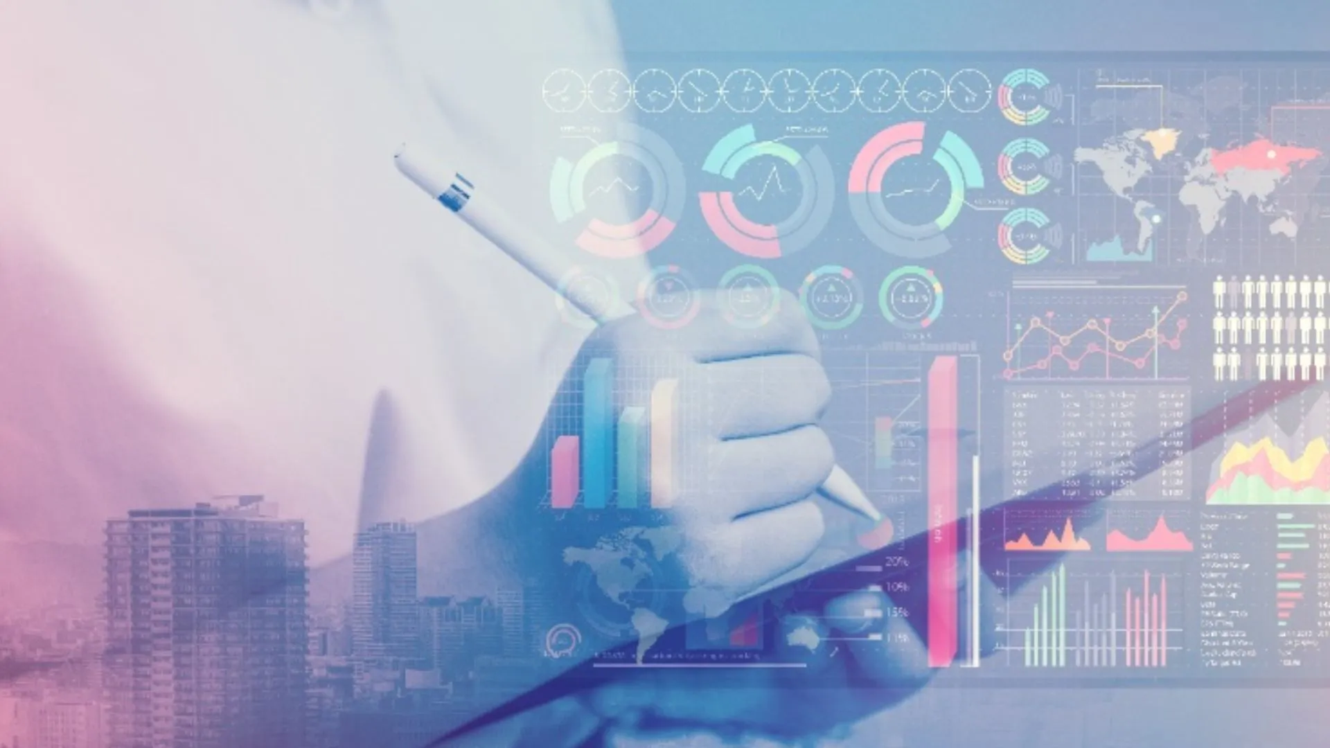 Person holding a pen in front of digital data visualizations and charts, representing how AI training can unleash business potential.