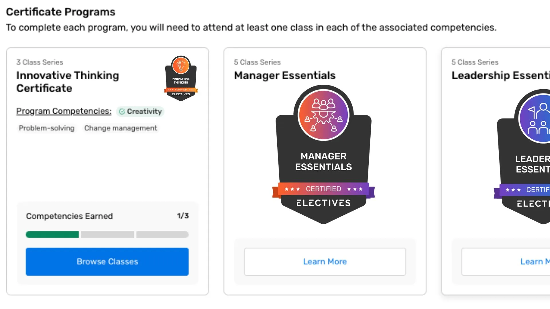A screenshot from within the Electives Membership platform. "Certificate programs" appears at the top. Below that, we see the available certificate programs and the progress one learner has made toward earning certificates.