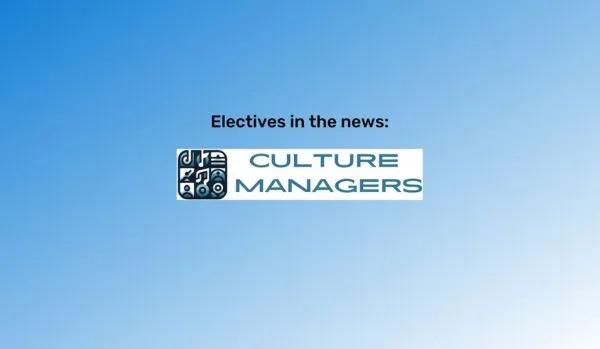 Blue gradient rectangle with "Electives in the news:" in black text, centered, over the Culture Managers logo.