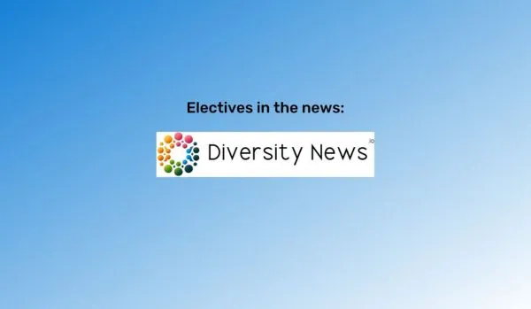 A blue gradient rectangle with "Electives in the news:" in black text, centered, over the Diversity News logo.