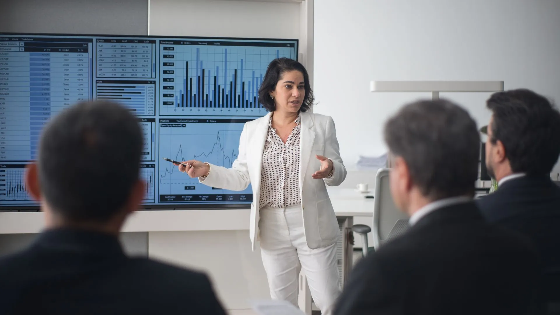 A woman in a white suit is presenting to a group of corporate executives. We are looking over the executives' shoulders.