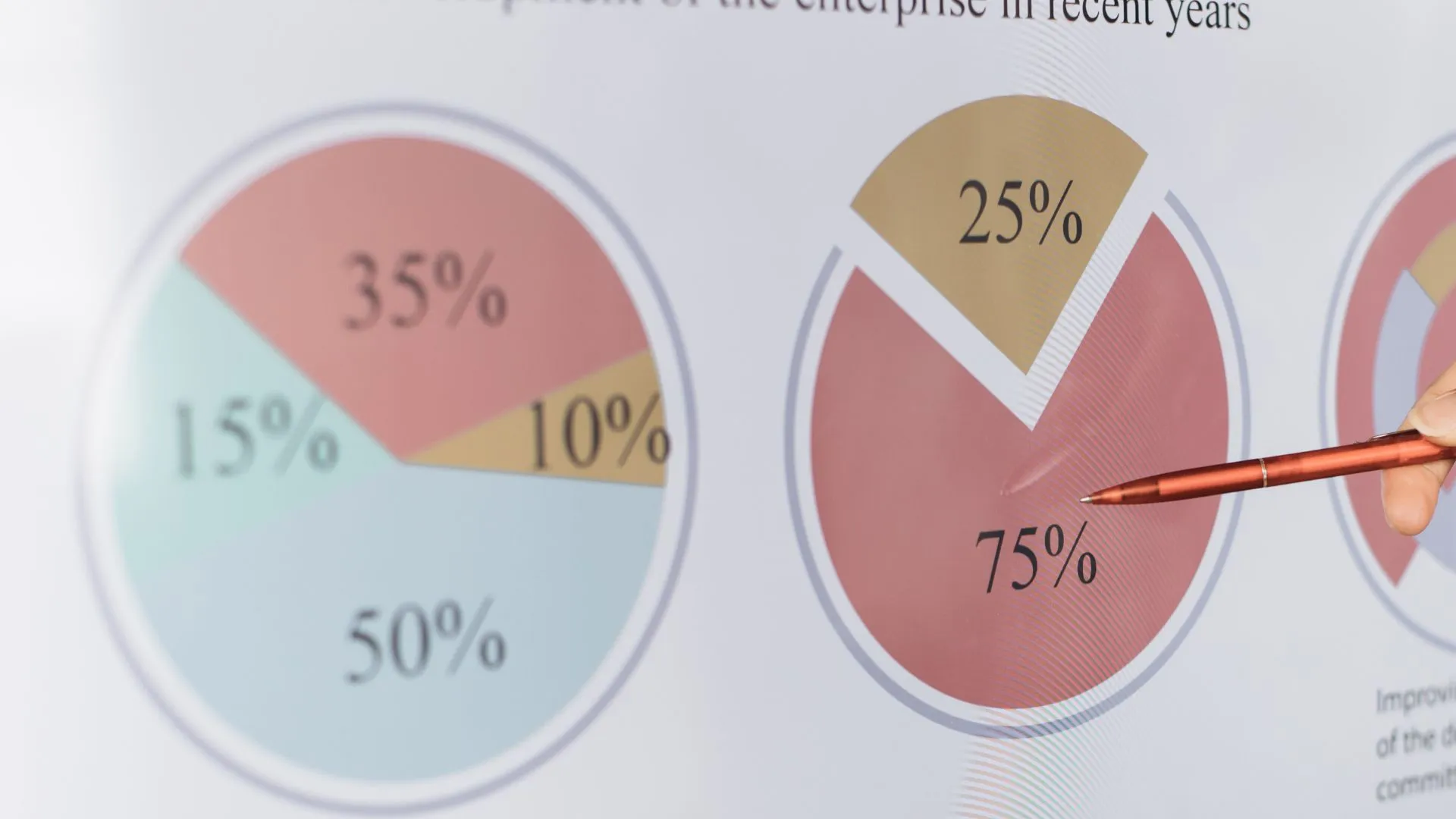 A close-up of a presentation slide displaying multiple pie charts with percentage values, including one prominently showing "75%." A person is pointing at the chart with a red pen, emphasizing data insights. The image highlights the concept of storytelling with data, where visual representations of statistics help convey meaningful insights in an engaging way.