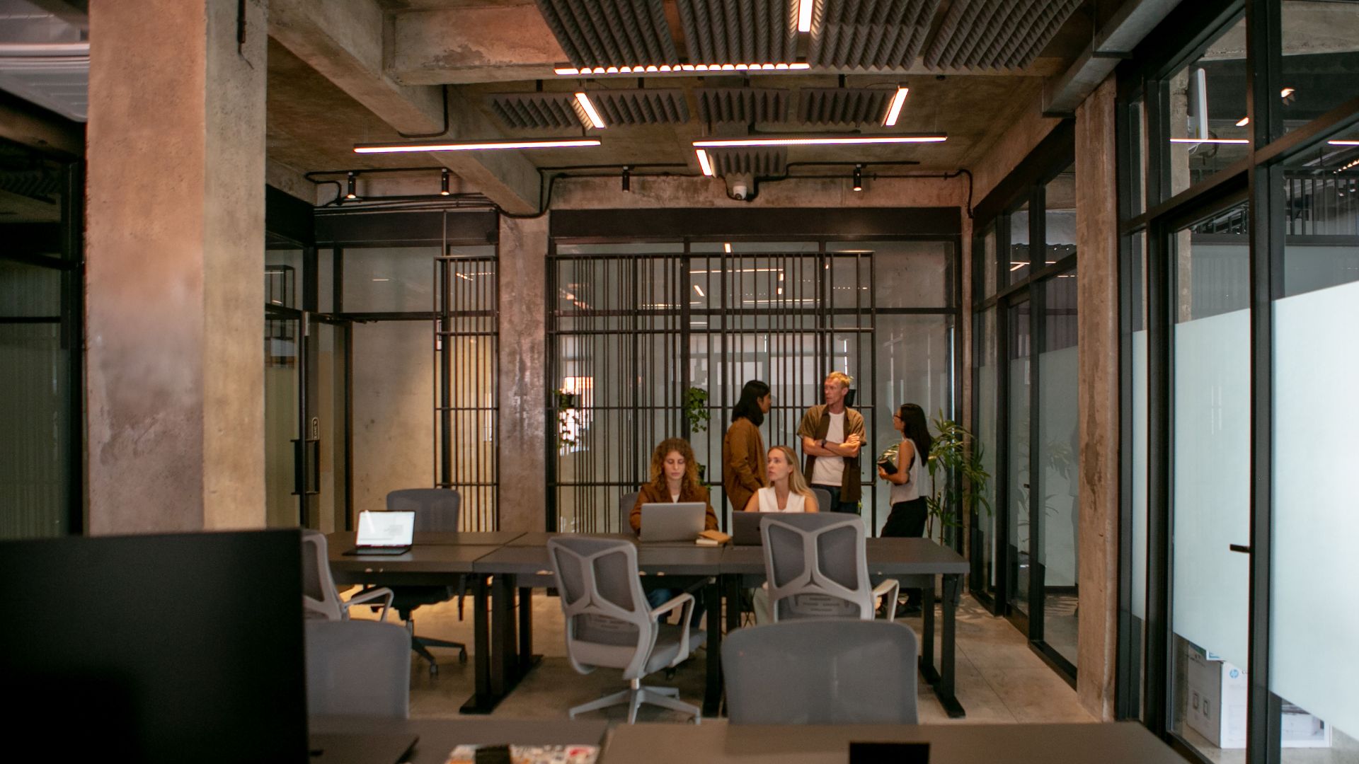 A wide view of an open office space with a team working diligently.