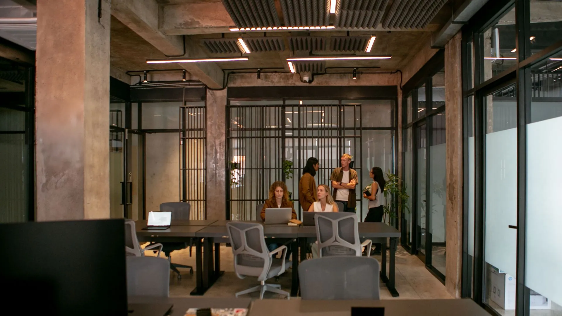 A wide view of an open office space with a team working diligently.