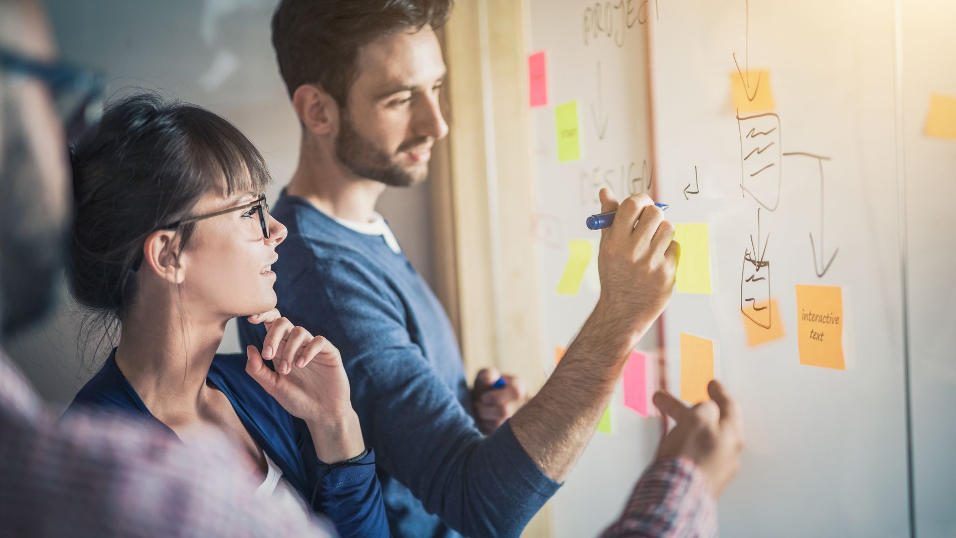 A team of people are working on a white board to make a decision