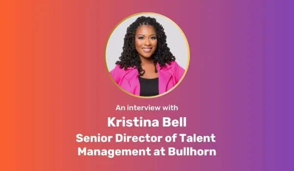 Prange-purple gradient rectangle with circle image of Kristina Bell at the top, center. Underneath, centered white text: "An interview with Kristina Bell, Senior Director of Talent Management at Bullhorn"