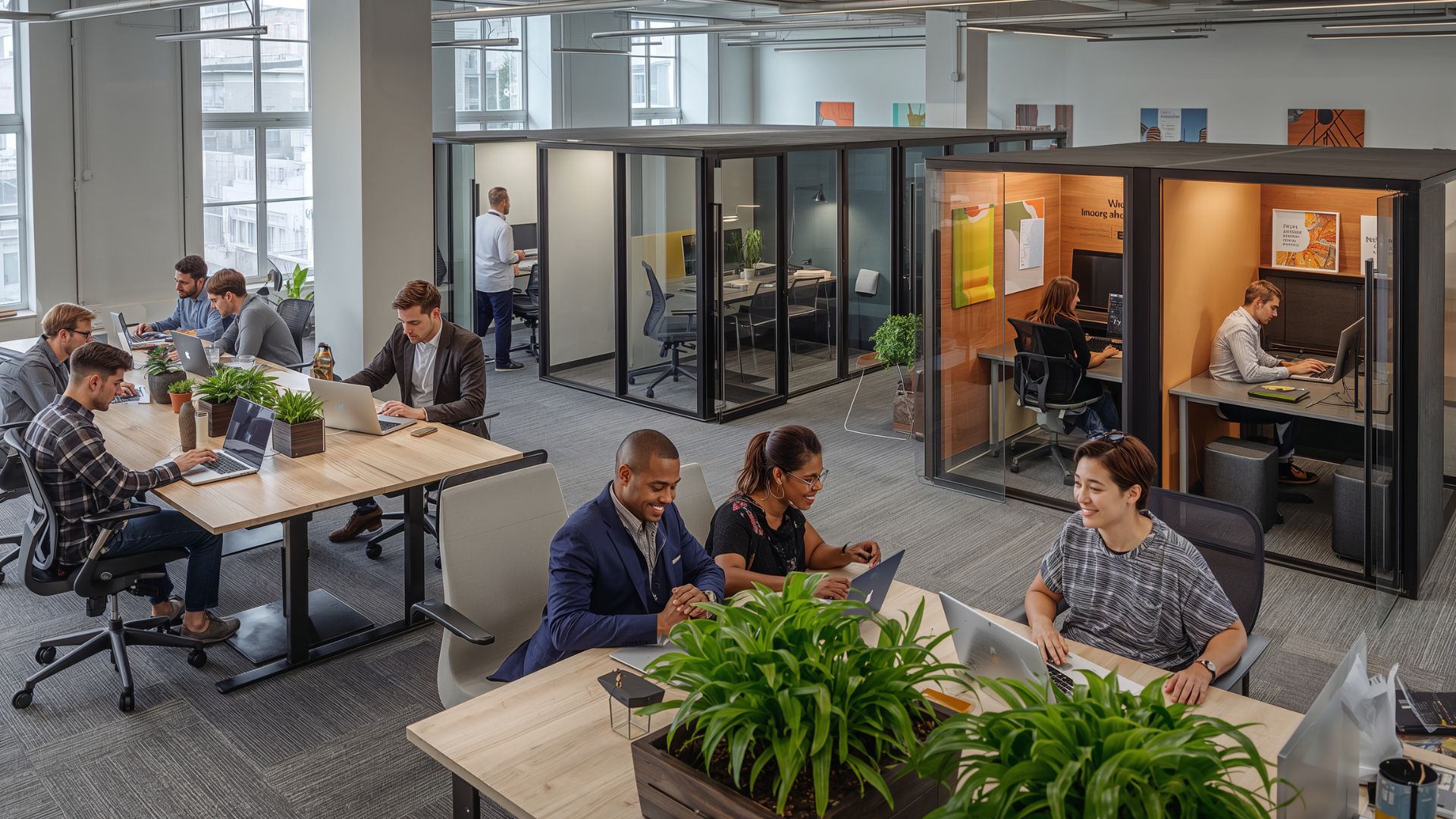 An overhead view of an open working space filled with happy office workers.