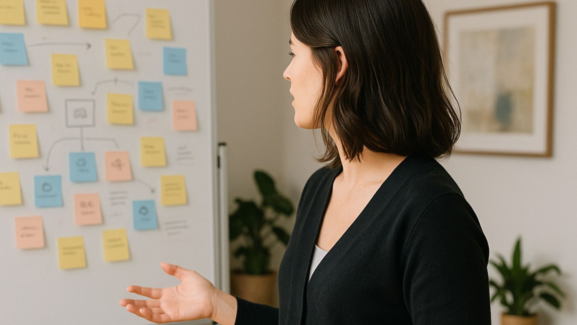 A woman is facing a whiteboard where a strategy is mapped out.
