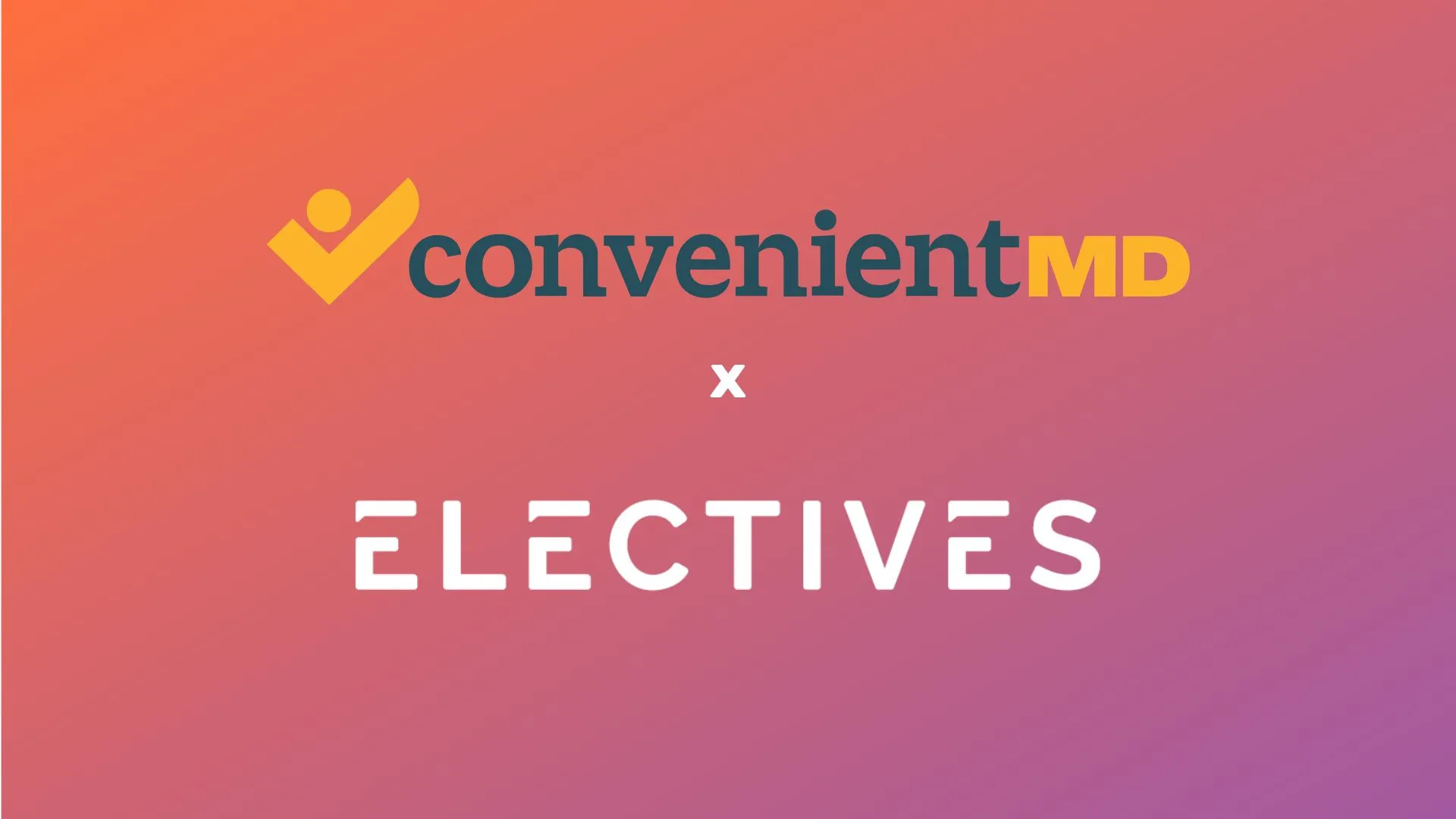 An orange-purple gradient rectangle with the convenient md + electives logos centered