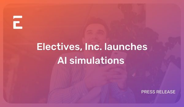 A photo of a man smiling is under a semi-transparent orange to purpule gradient rectangle. White centered text "Electives, Inc. launches AI simulations". Electives icon logo upper left.
