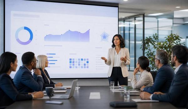 A modern workplace scene with employees in a live virtual AI training session, laptops open with AI chat interfaces and a human instructor guiding practice. The mood should feel focused, confident and collaborative, with a clean editorial style rather than a futuristic tech aesth