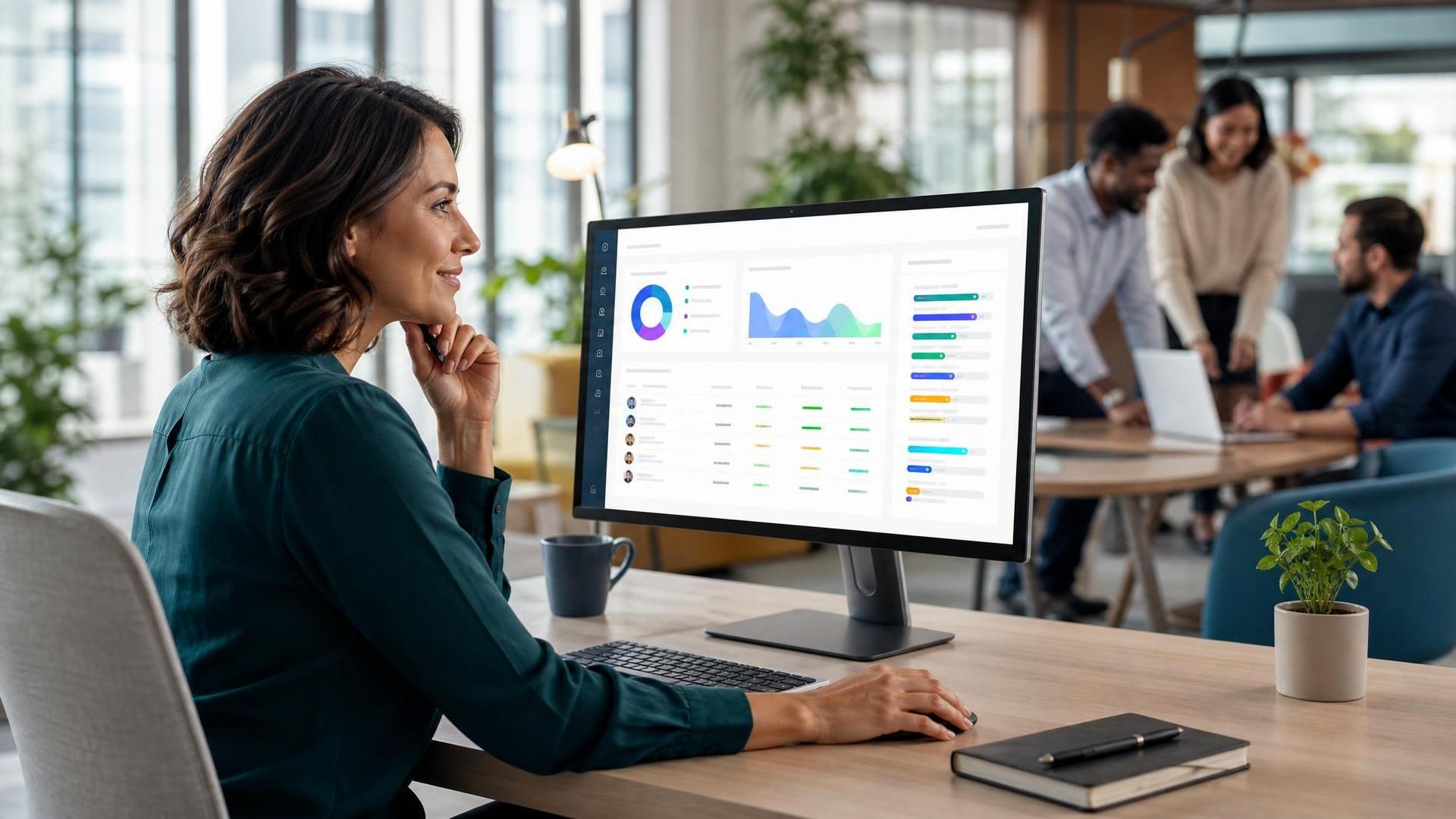 A confident People leader reviewing a clear AI readiness dashboard with team-by-team signals, while employees collaborate in the background. Clean, modern B2B style with a human-centered, optimistic mood.