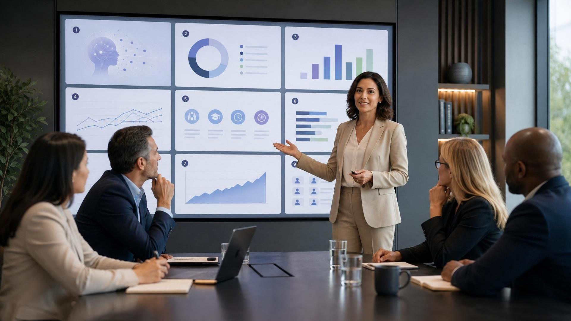 A confident HR or L&D leader presenting a clean 9-slide AI budget narrative to a small executive team in a modern boardroom. The mood should feel strategic, human and grounded, with subtle AI dashboard visuals in the background.