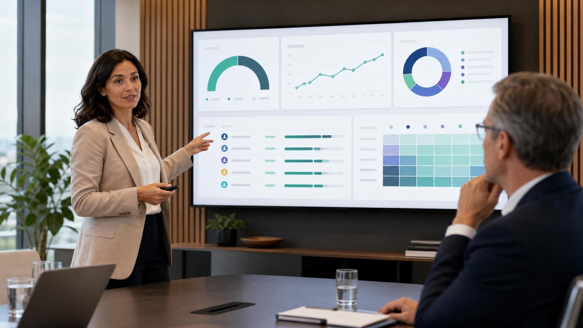 A confident HR or L&D leader presenting a clean AI adoption baseline dashboard to a CFO in a modern conference room. The mood should feel strategic, calm and evidence-led, with subtle visual emphasis on team-by-team visibility and measurable progress.