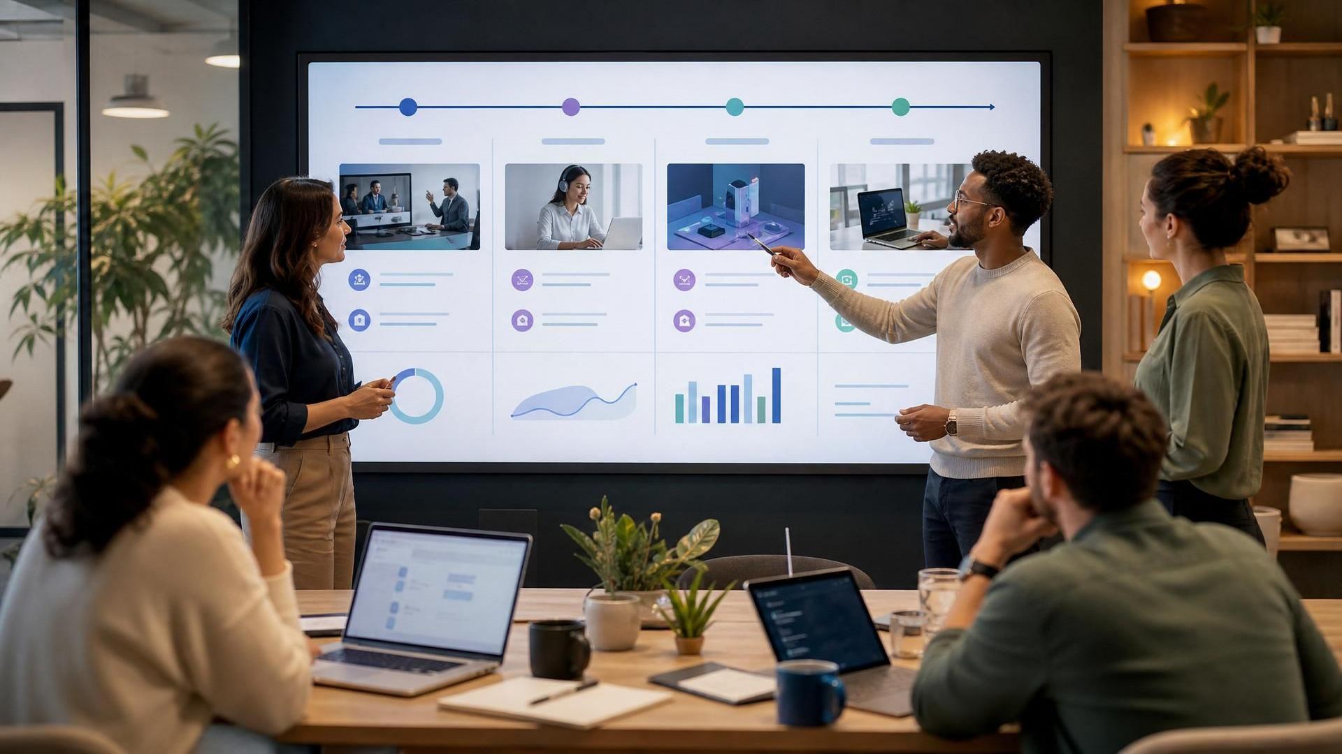 A modern workplace scene showing a lean People team mapping a 90-day AI training rollout on a digital board, with live learning, simulations and analytics represented visually. Confident, human, energetic and polished — more strategy room than tech dashboard.
