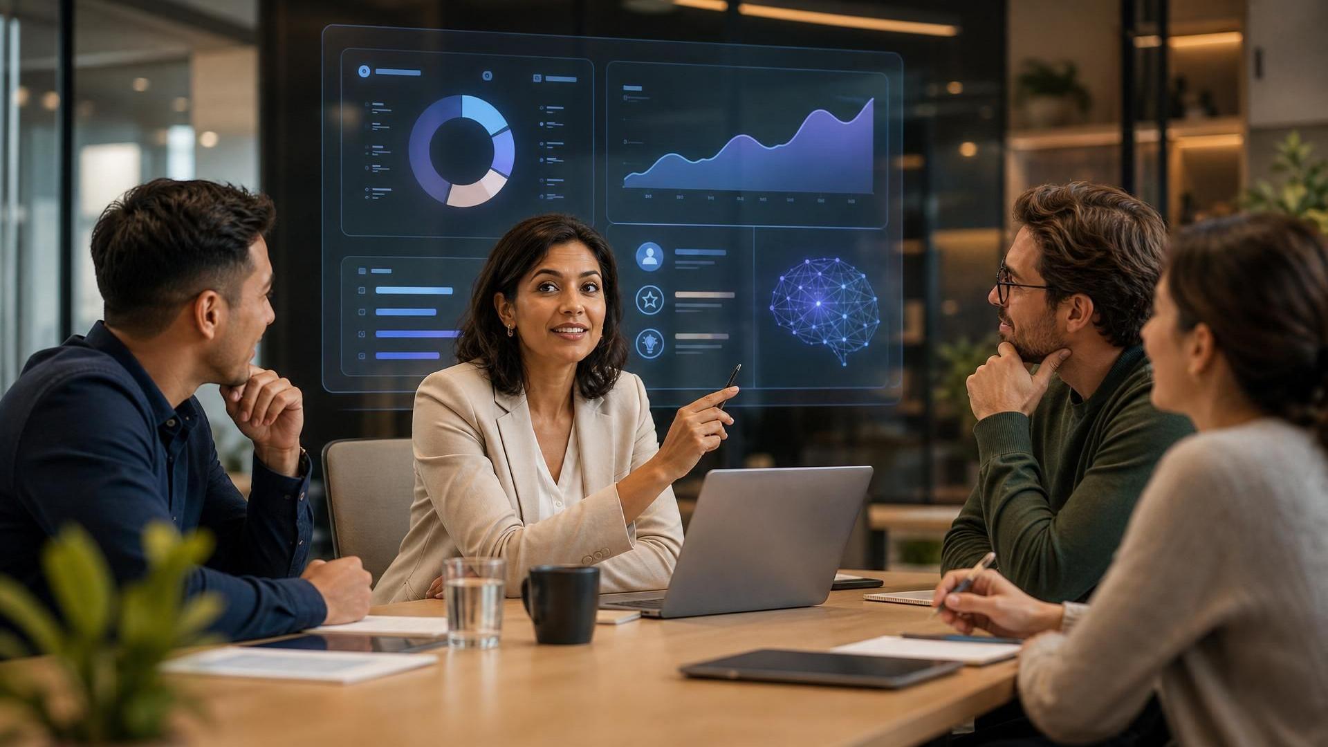 A confident HR or L&D leader reviewing an AI training scorecard with a small team in a modern conference room. Warm, human, editorial style with subtle AI interface elements in the background.
