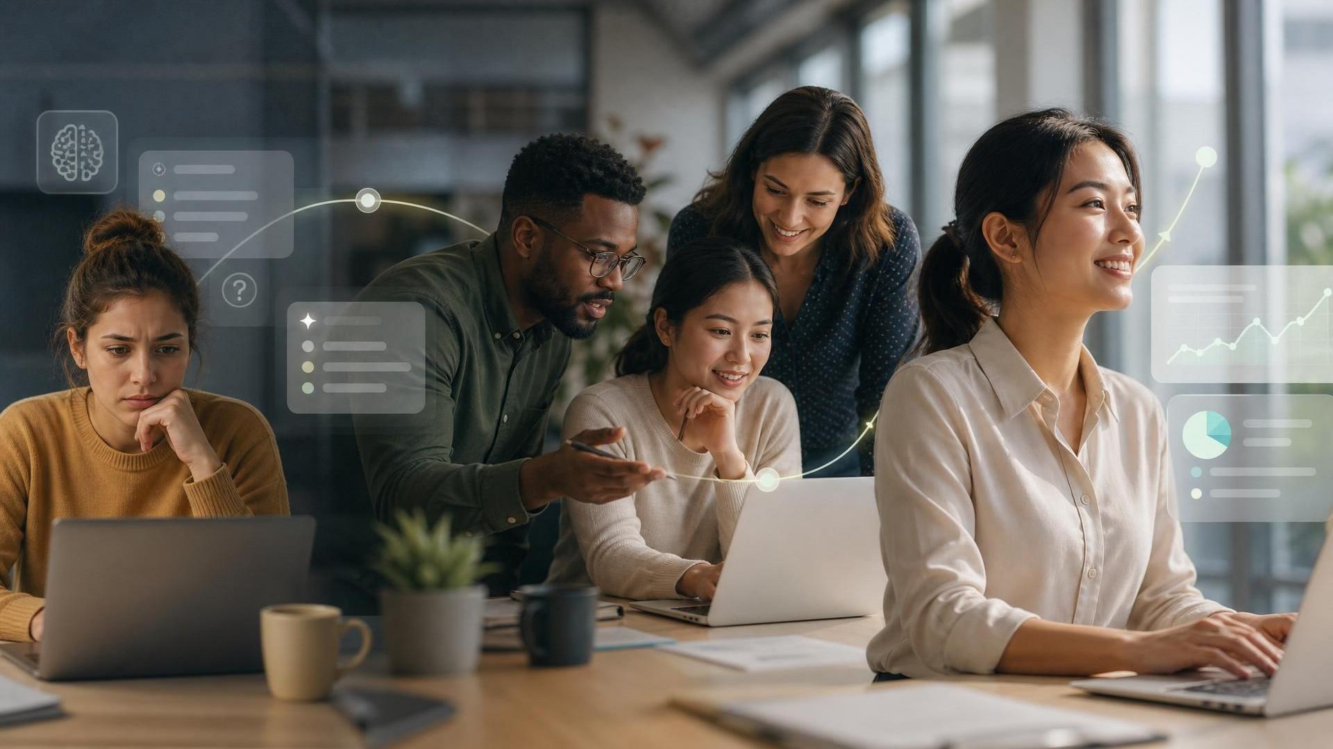 A modern workplace scene showing employees collaborating with subtle AI interface overlays, focused on human confidence and practice rather than futuristic tech. Warm, editorial style with a clear sense of movement from uncertainty to clarity.