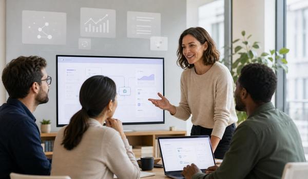 A modern manager coaching a small team around a shared screen with subtle AI interface elements in the background. Confident, human and warm; clean editorial style with natural light and no futuristic clichés.
