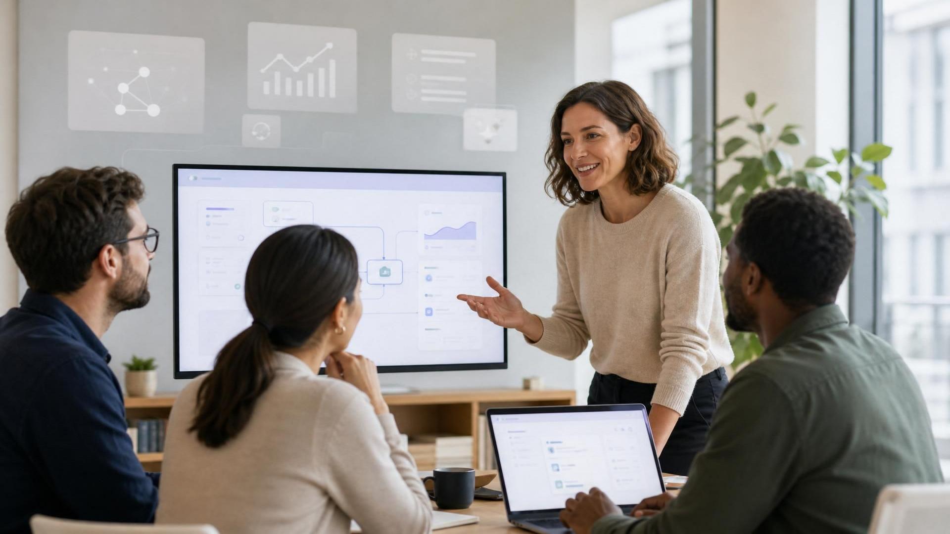 A modern manager coaching a small team around a shared screen with subtle AI interface elements in the background. Confident, human and warm; clean editorial style with natural light and no futuristic clichés.