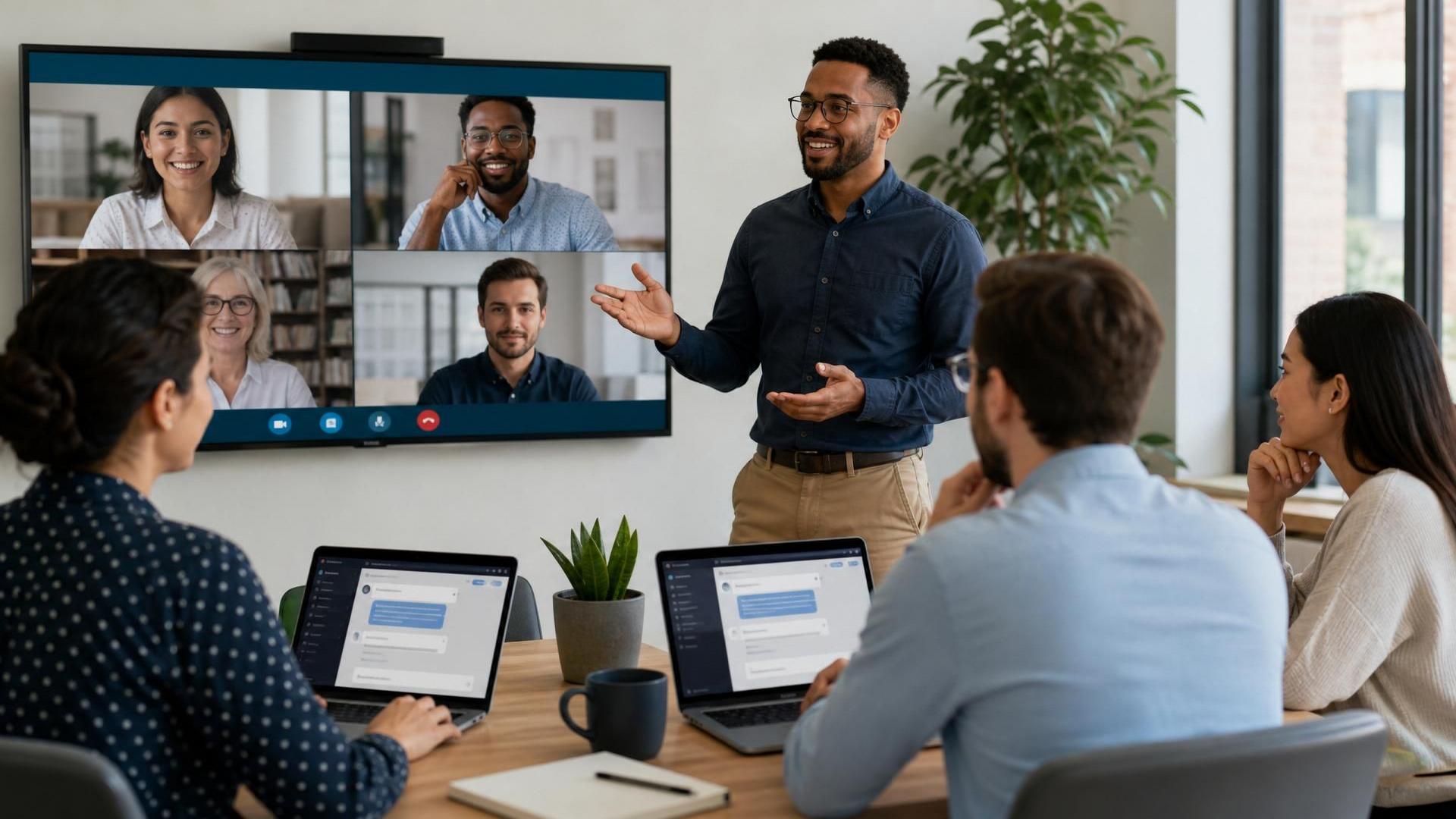 A modern workplace scene with employees in a live virtual AI training session, laptops open with AI chat interfaces and a human instructor guiding practice. The mood should feel focused, confident and collaborative, with a clean editorial style rather than a futuristic tech aesth