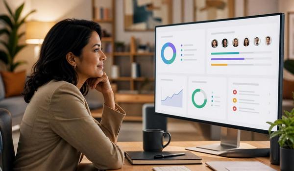 A confident People leader reviewing an AI fluency dashboard with team readiness, blockers and progress indicators visible. Modern workplace setting, warm lighting, human-centered and strategic rather than technical.