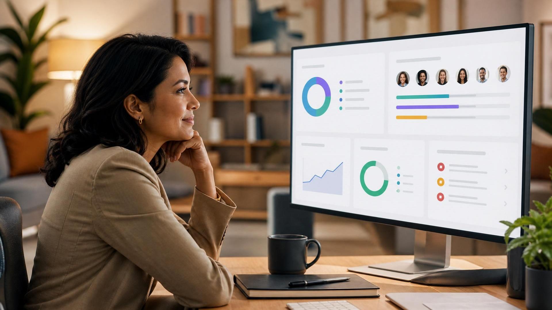 A confident People leader reviewing an AI fluency dashboard with team readiness, blockers and progress indicators visible. Modern workplace setting, warm lighting, human-centered and strategic rather than technical.